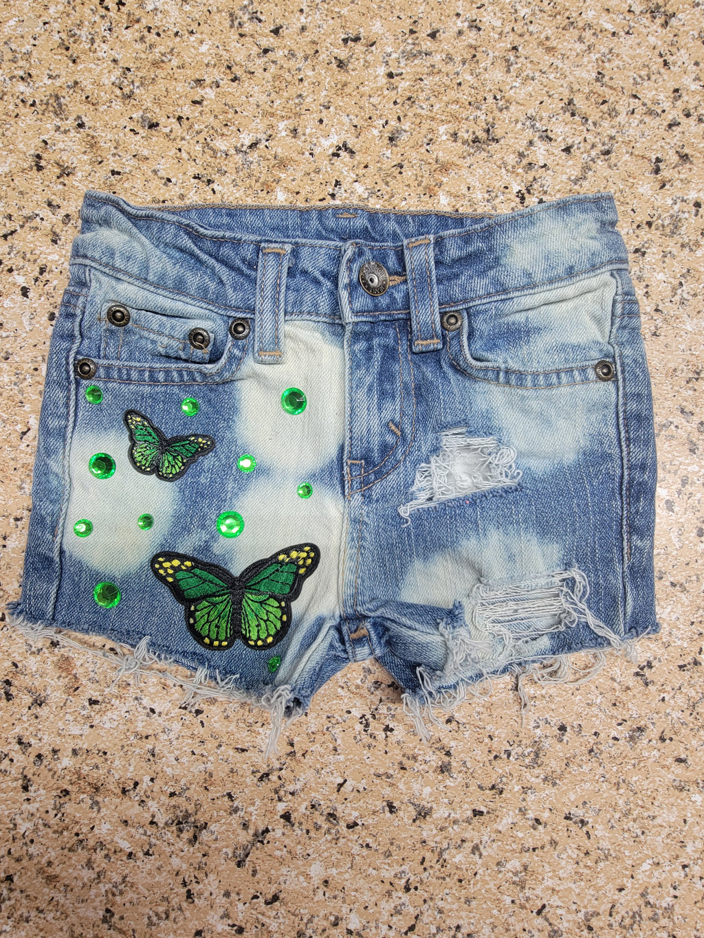 Green Butterfly Shorties with patch and embellishments 4 slim=3T (READY TO SHIP)