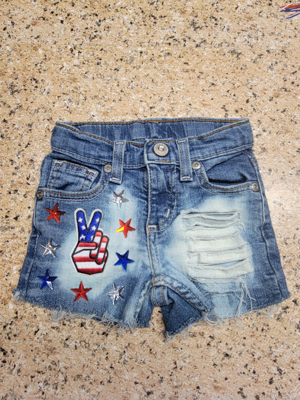 RWB Shorties with patch and embellishments 4 slim=18-24 months (READY TO SHIP)