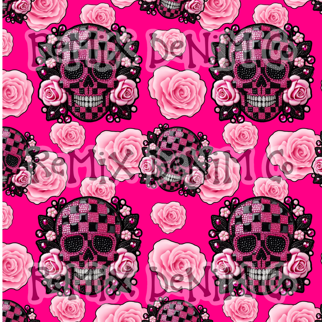 Girly Skull Rose Black Pink (Seamless Digital File)