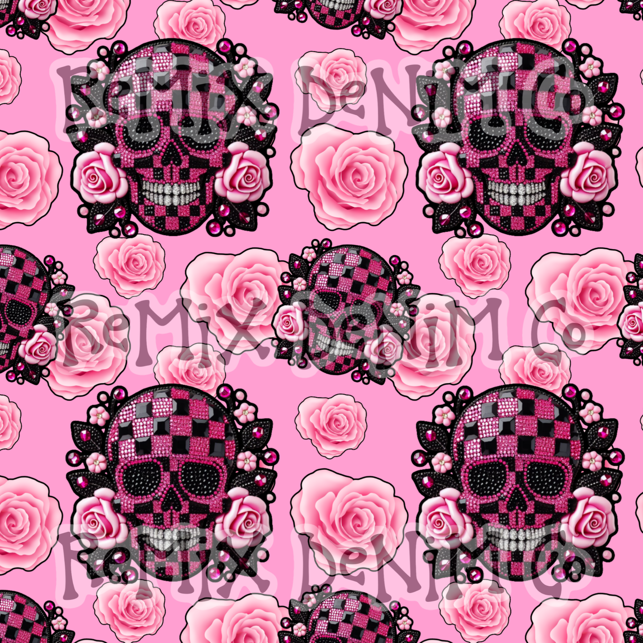 Girly Skull Rose Black Pink (Seamless Digital File)