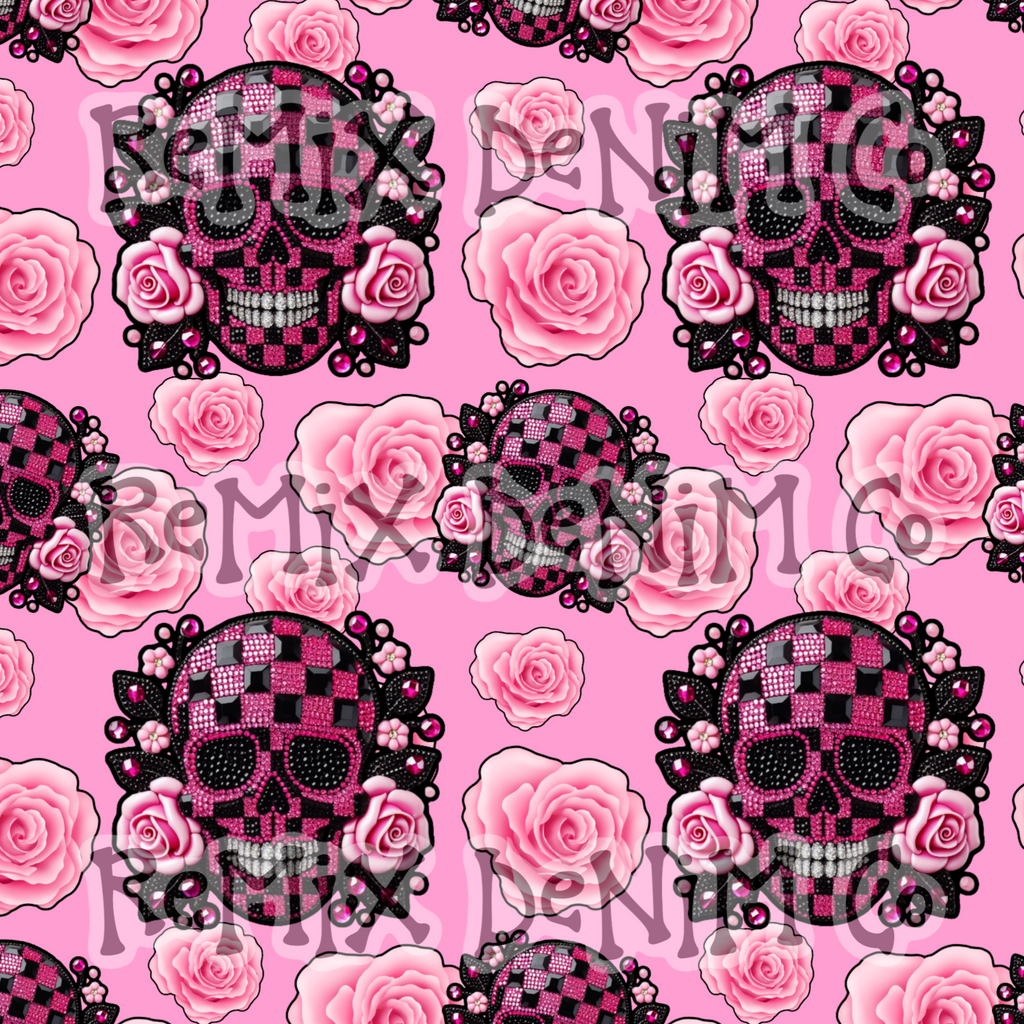 Girly Skull Rose Black Pink (Seamless Digital File)