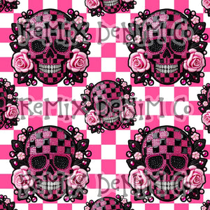 Girly Skull Rose Black Pink Checker  (Seamless Digital File)