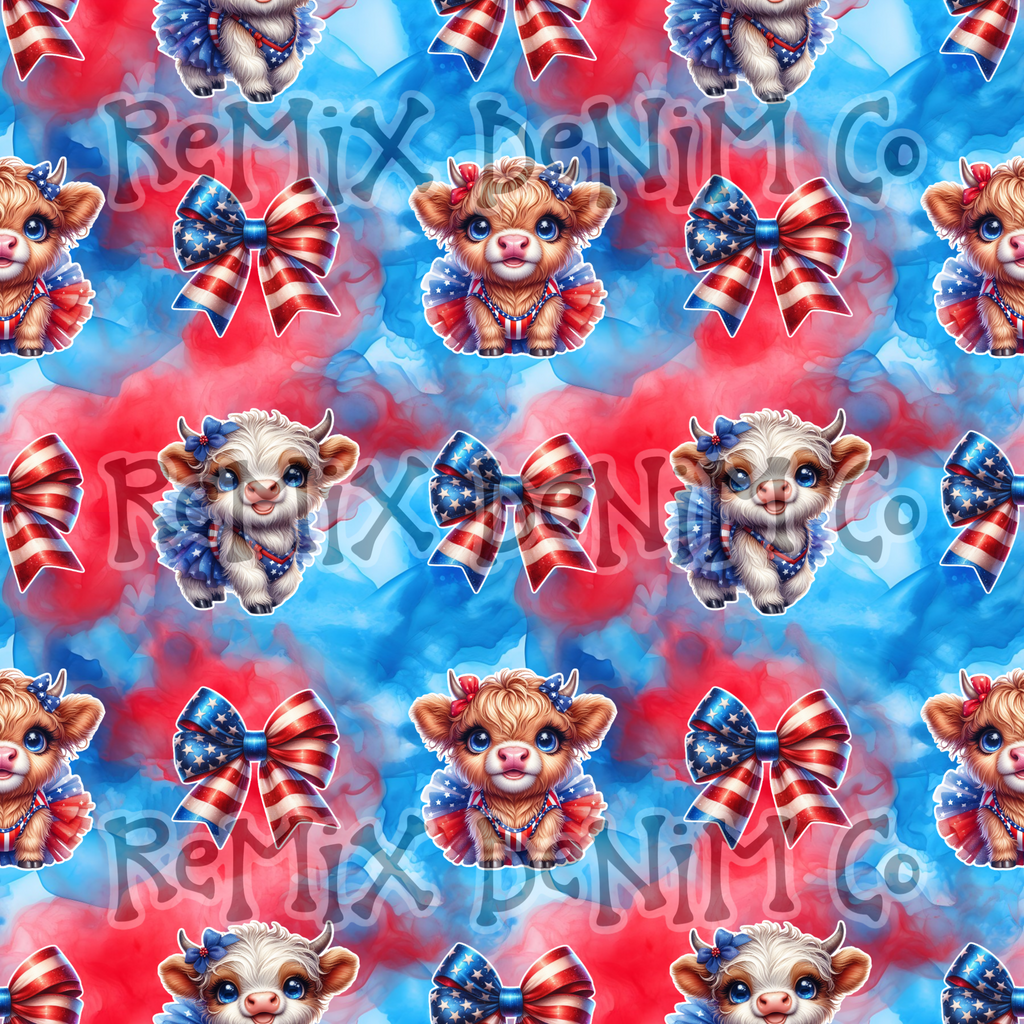 Highland cow rwb 4th of July patriotic American bow girly (Seamless Digital File)