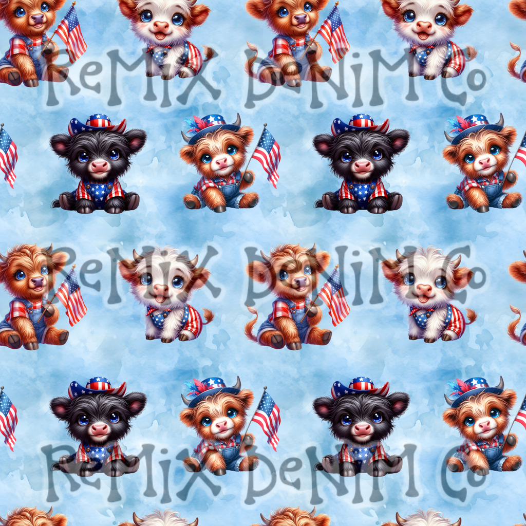 Highland cow rwb 4th of July patriotic American bow girly (Seamless Digital File)