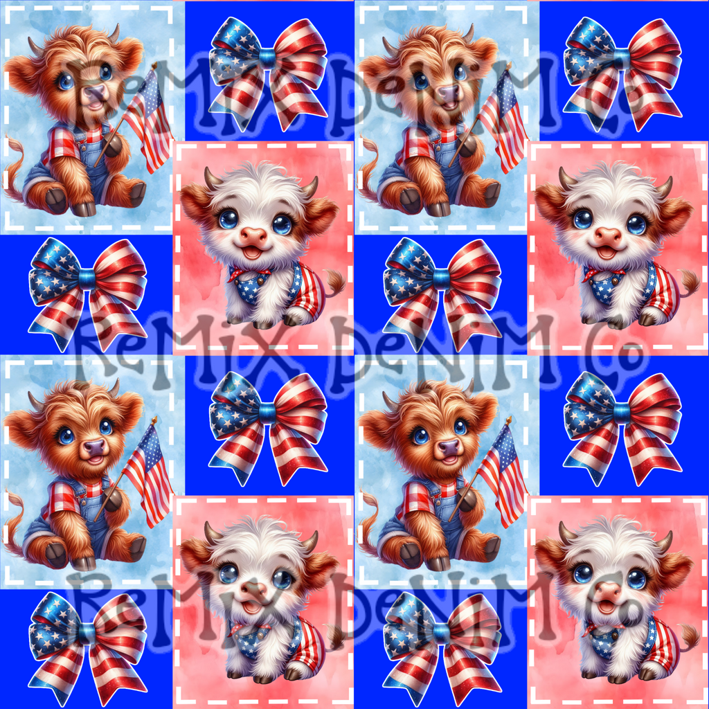 Highland cow rwb 4th of July patchwork patriotic American bow girly (Seamless Digital File)