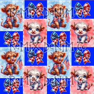 Highland cow rwb 4th of July patchwork patriotic American bow girly (Seamless Digital File)