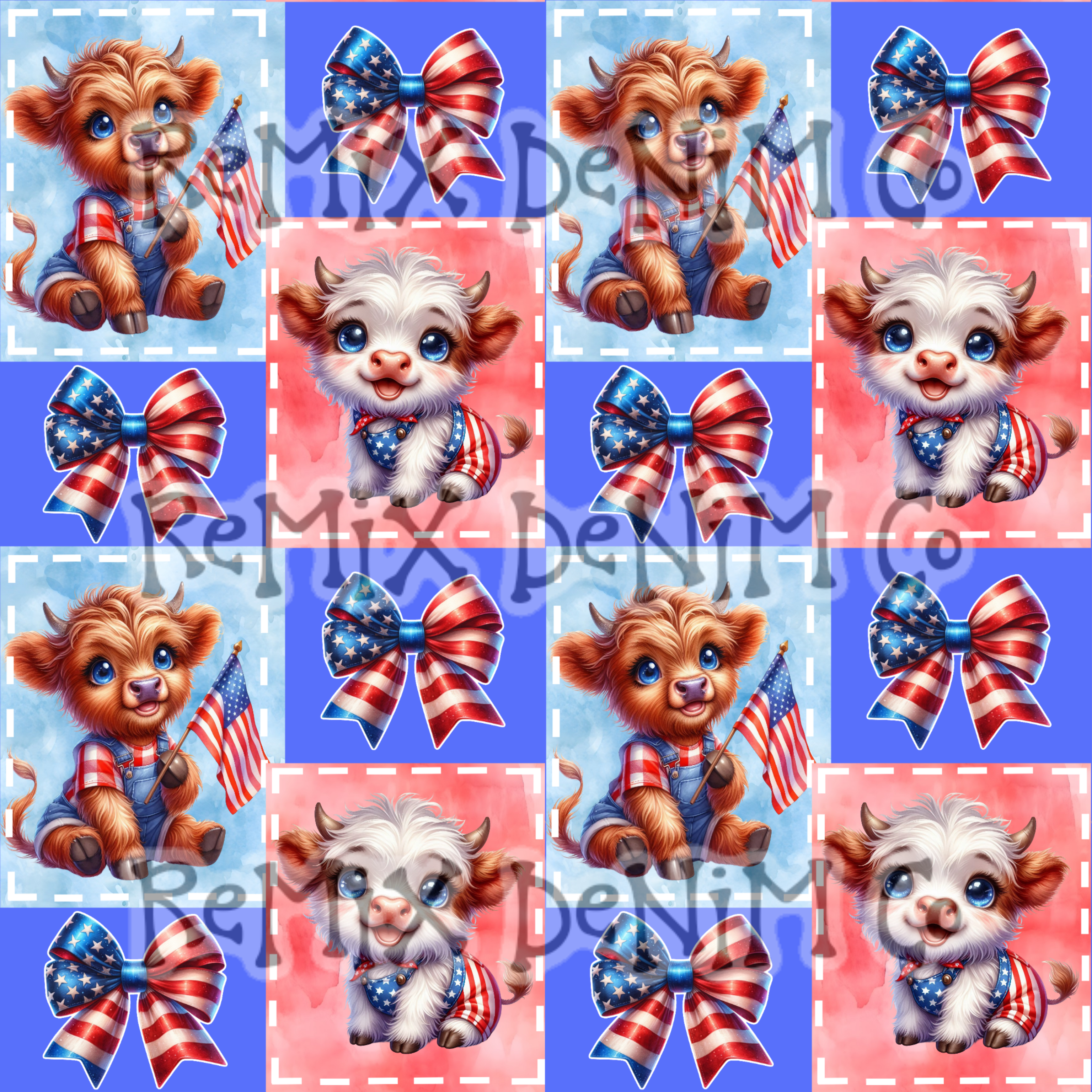 Highland cow rwb 4th of July patchwork patriotic American bow girly (Seamless Digital File)