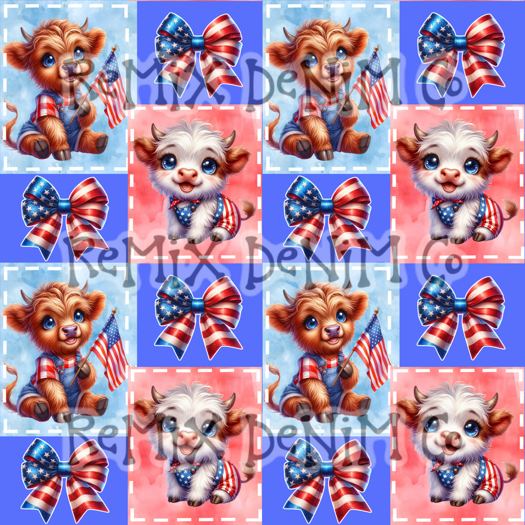 Highland cow rwb 4th of July patchwork patriotic American bow girly (Seamless Digital File)