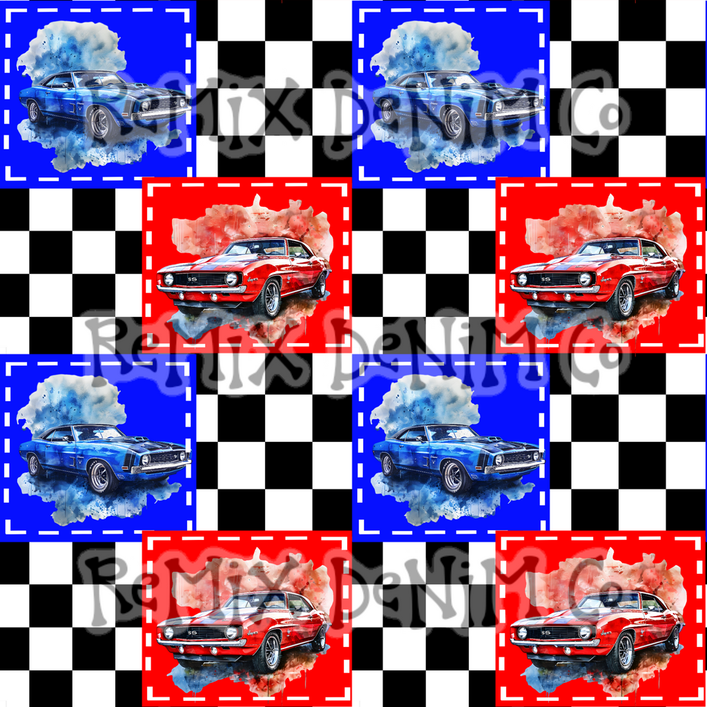 Need for speed, muscle car racing boys checker flag patchwork (Seamless Digital File)