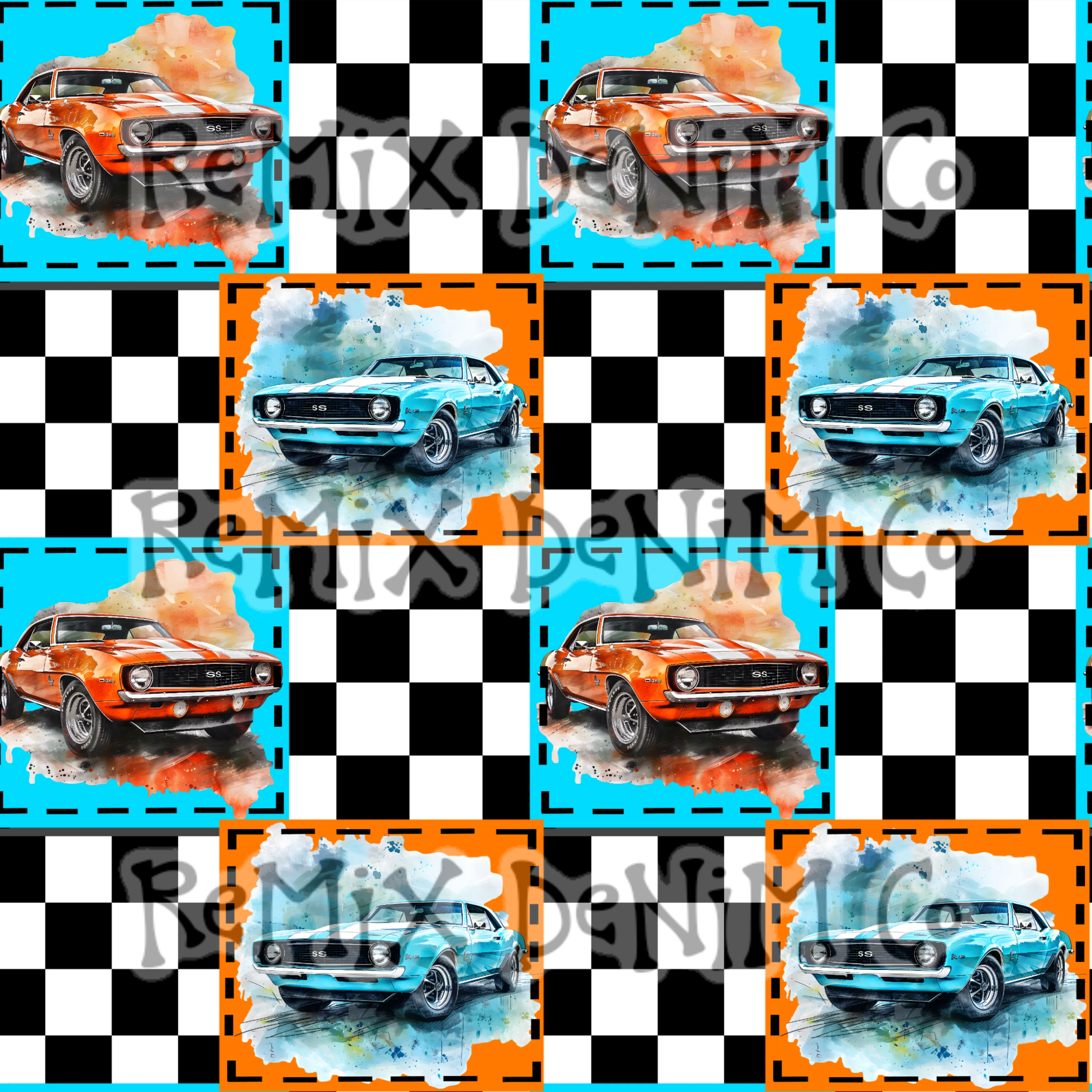 Need for speed, muscle car racing boys checker flag patchwork (Seamless Digital File)