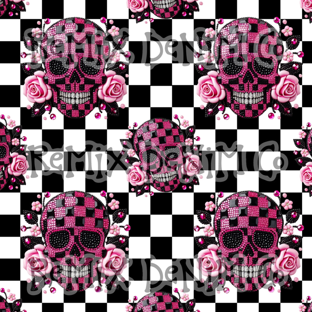 Girly Skull Rose Black Pink Checker  (Seamless Digital File)