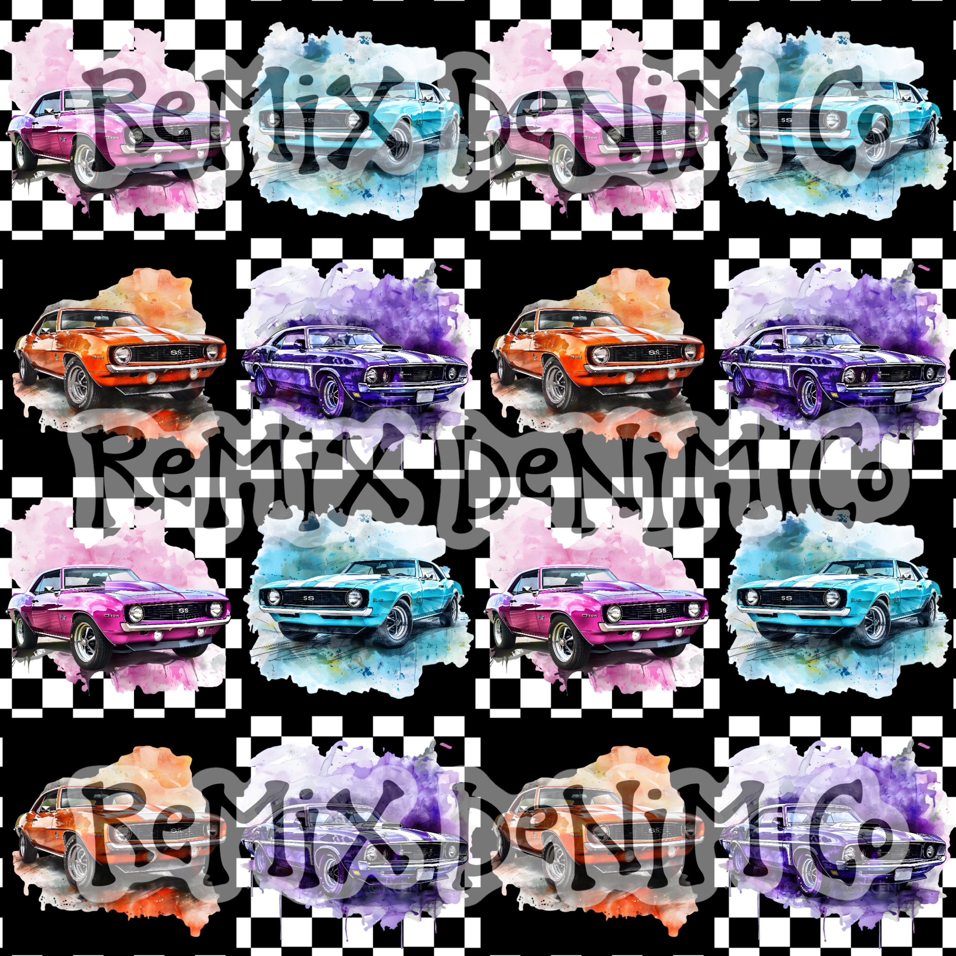 Need for speed, muscle car racing boys checker flag patchwork (Seamless Digital File)