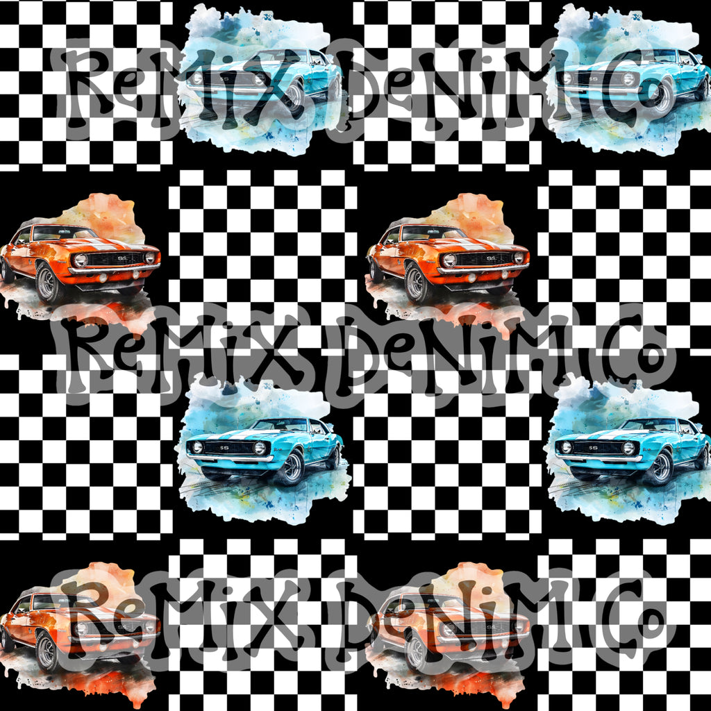 Need for speed, muscle car racing boys checker flag patchwork (Seamless Digital File)