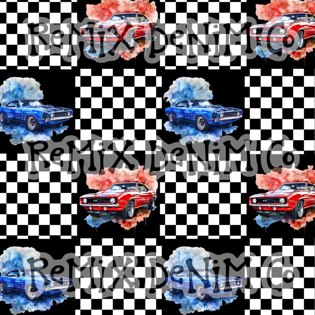 Need for speed, muscle car racing boys checker flag patchwork (Seamless Digital File)