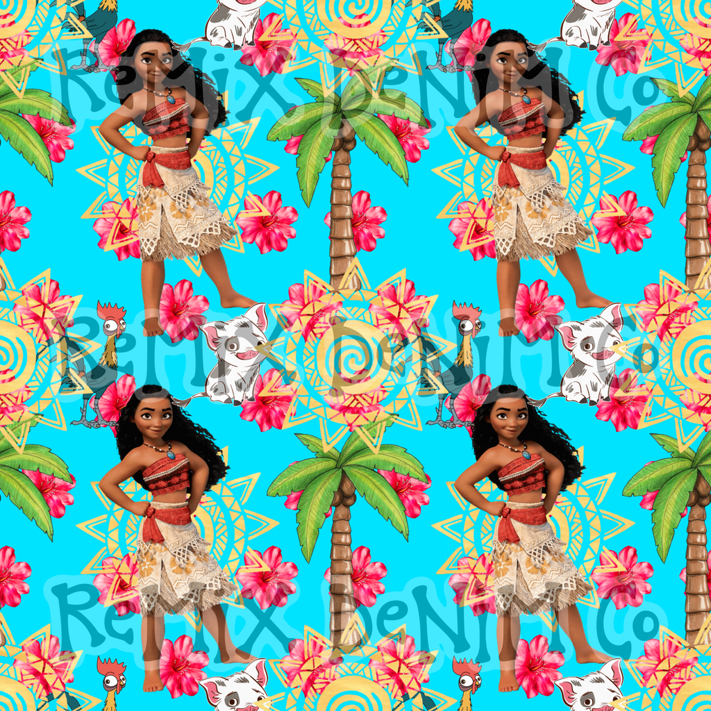 Hawaiian Polynesian Princess Maui Oceania Ocean Waves Pua Heihei bright (Seamless Digital File)