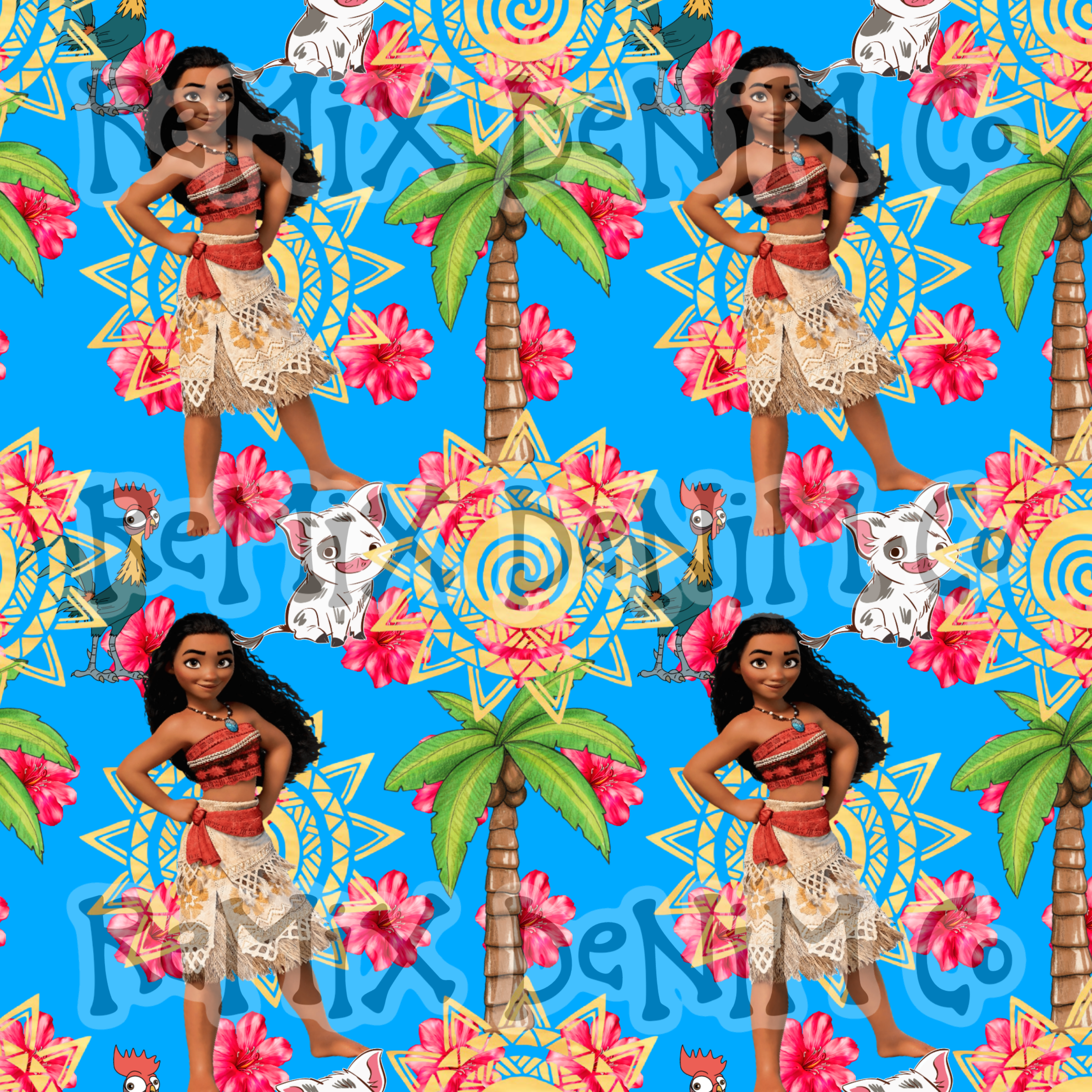 Hawaiian Polynesian Princess Maui Oceania Ocean Waves Pua Heihei bright (Seamless Digital File)