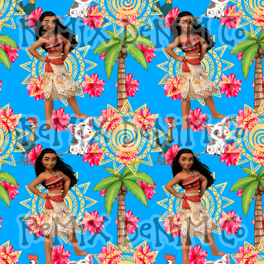 Hawaiian Polynesian Princess Maui Oceania Ocean Waves Pua Heihei bright (Seamless Digital File)