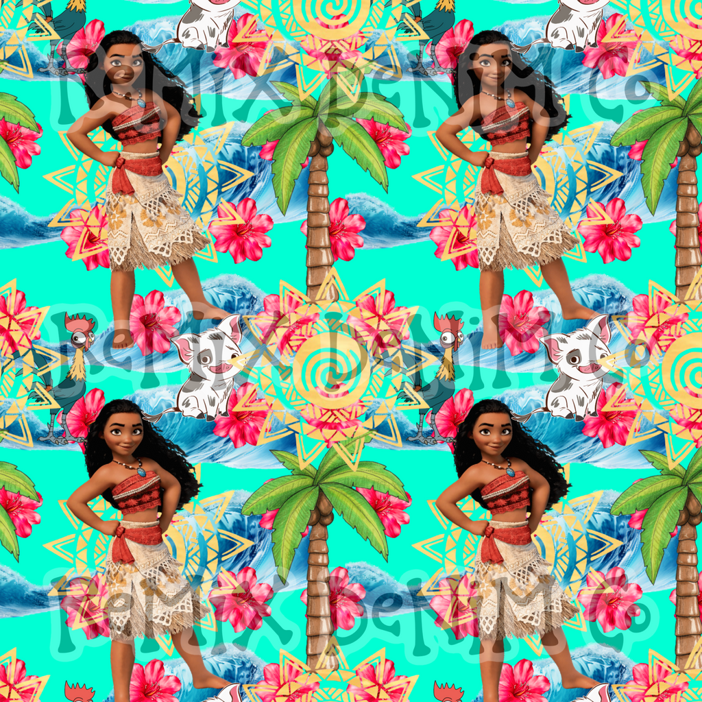 Hawaiian Polynesian Princess Maui Oceania Ocean Waves Pua Heihei bright (Seamless Digital File)