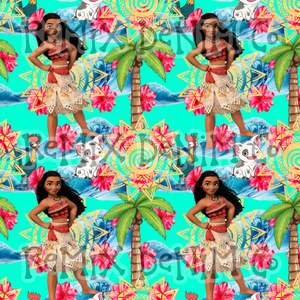 Hawaiian Polynesian Princess Maui Oceania Ocean Waves Pua Heihei bright (Seamless Digital File)