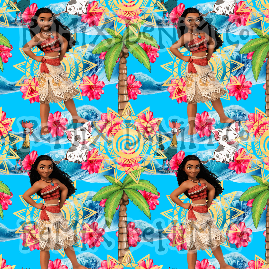 Hawaiian Polynesian Princess Maui Oceania Ocean Waves Pua Heihei bright (Seamless Digital File)