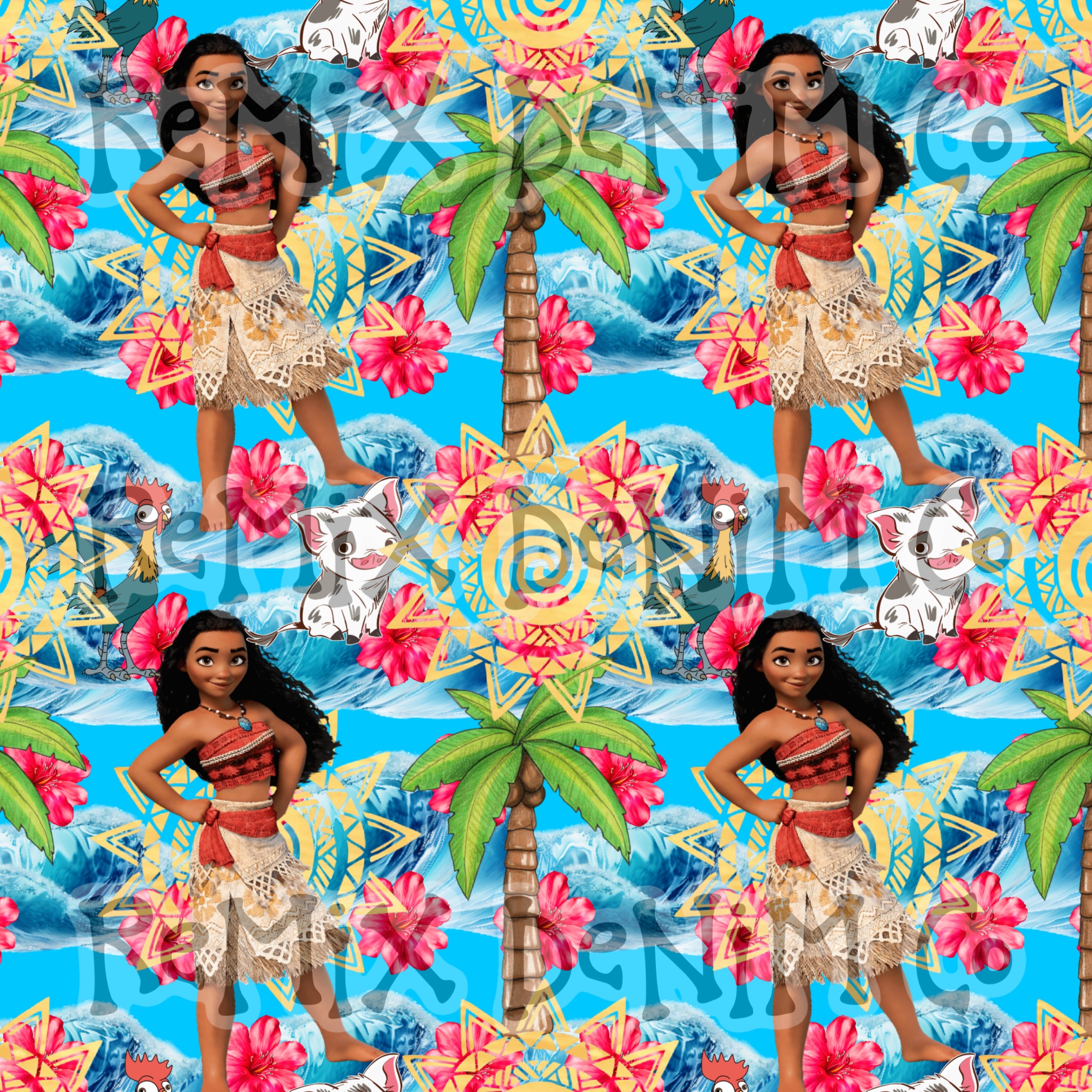 Hawaiian Polynesian Princess Maui Oceania Ocean Waves Pua Heihei bright (Seamless Digital File)