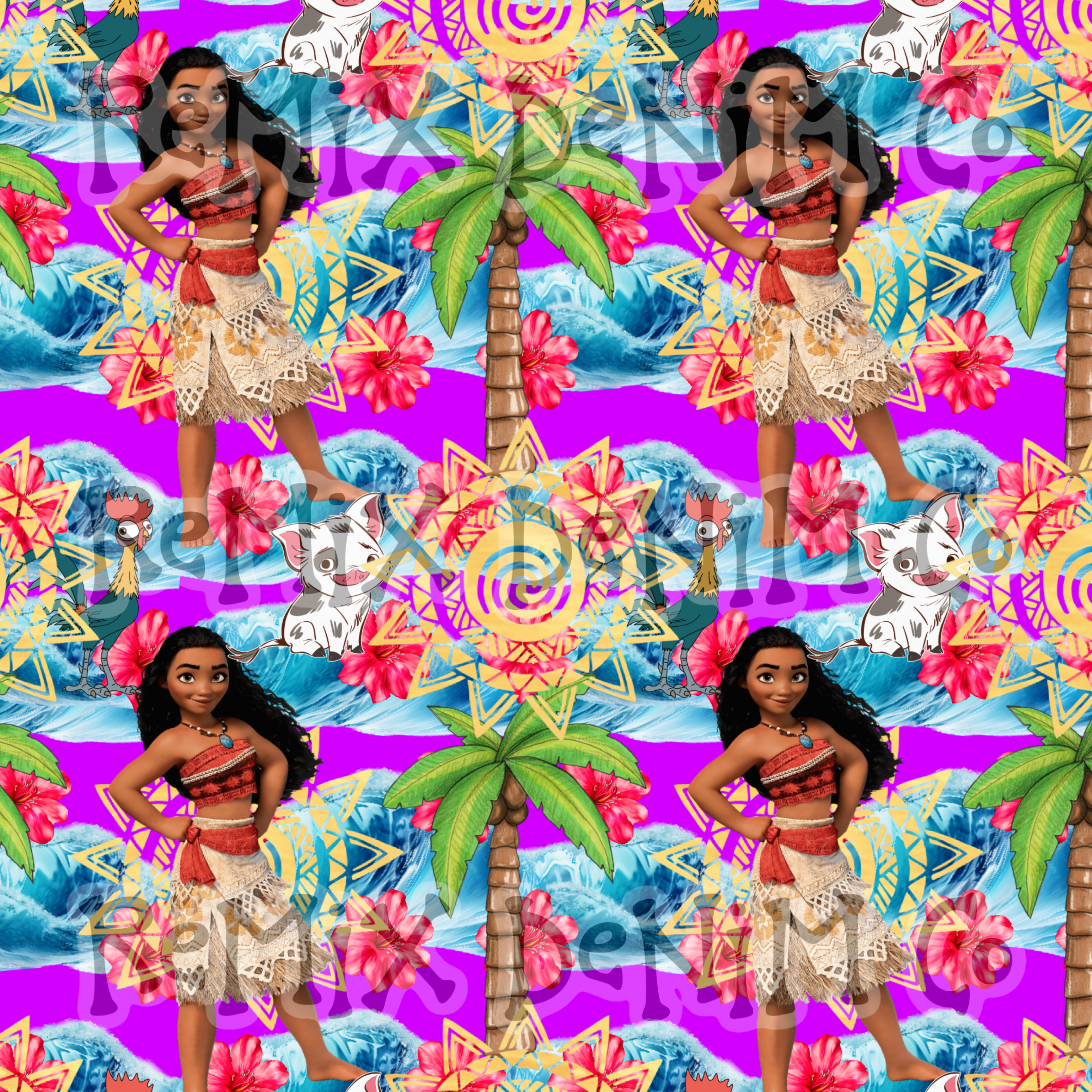 Hawaiian Polynesian Princess Maui Oceania Ocean Waves Pua Heihei bright (Seamless Digital File)