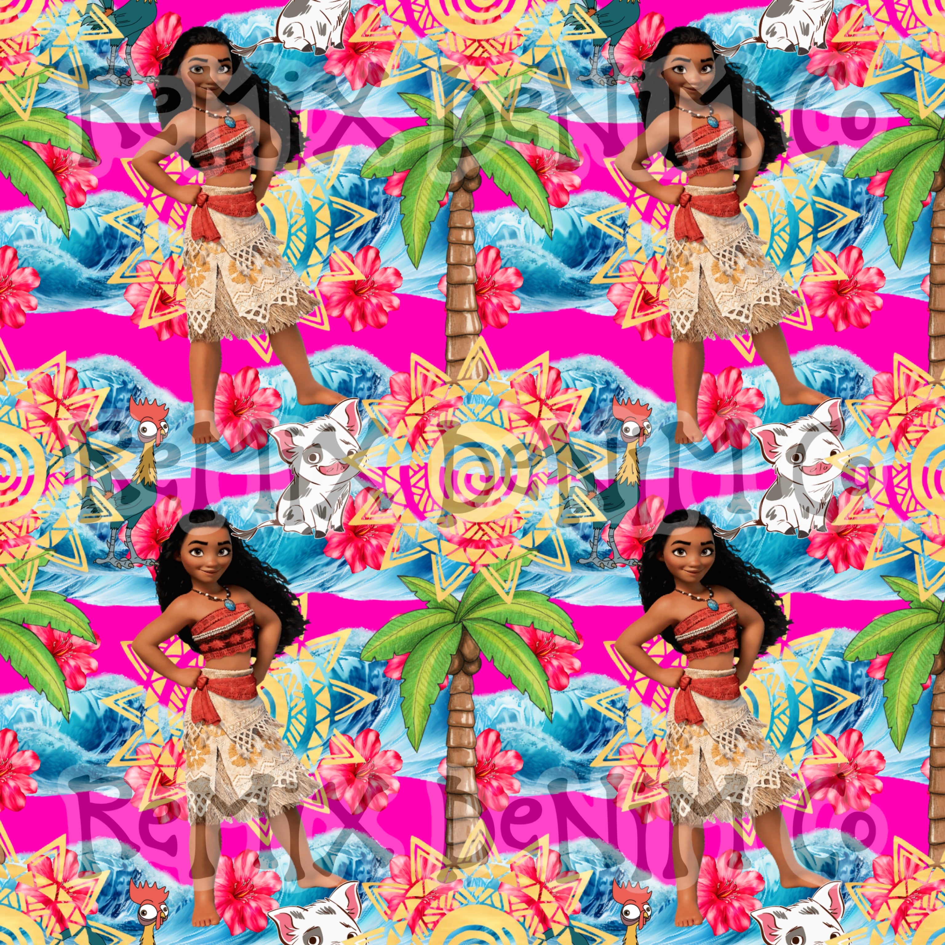 Hawaiian Polynesian Princess Maui Oceania Ocean Waves Pua Heihei bright (Seamless Digital File)