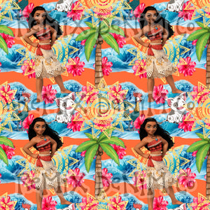 Hawaiian Polynesian Princess Maui Oceania Ocean Waves Pua Heihei bright (Seamless Digital File)