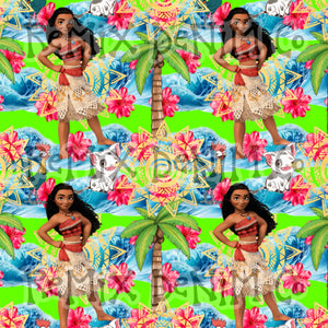 Hawaiian Polynesian Princess Maui Oceania Ocean Waves Pua Heihei bright (Seamless Digital File)