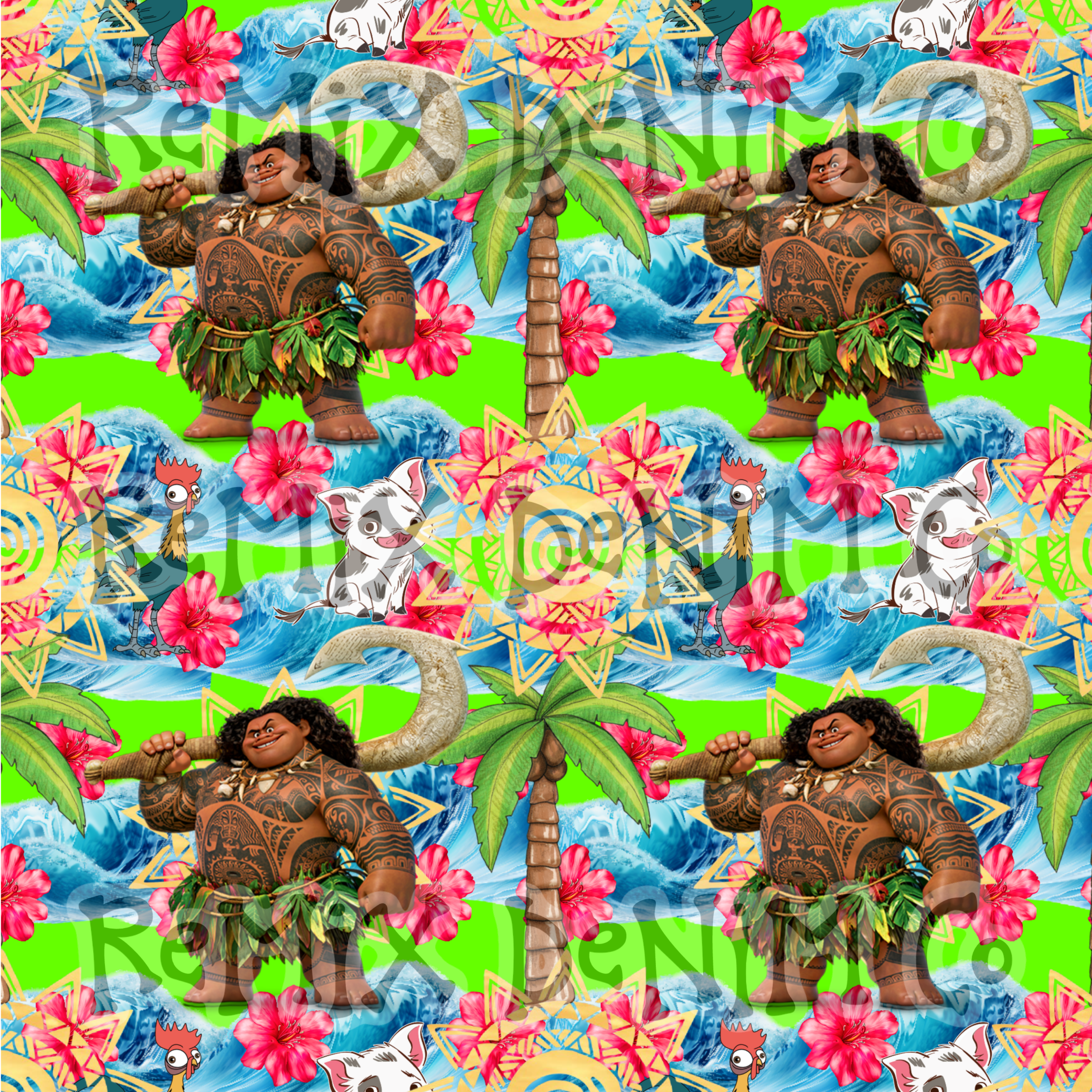 Hawaiian Polynesian Princess Maui Oceania Ocean Waves Pua Heihei bright (Seamless Digital File)