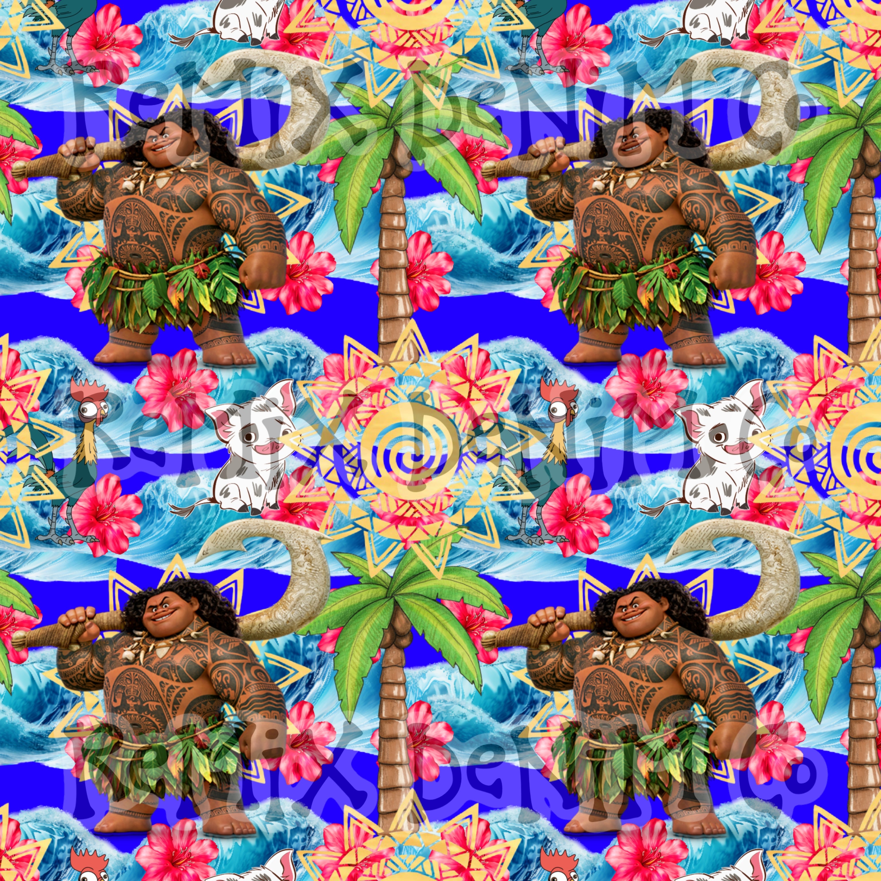 Hawaiian Polynesian Princess Maui Oceania Ocean Waves Pua Heihei bright (Seamless Digital File)