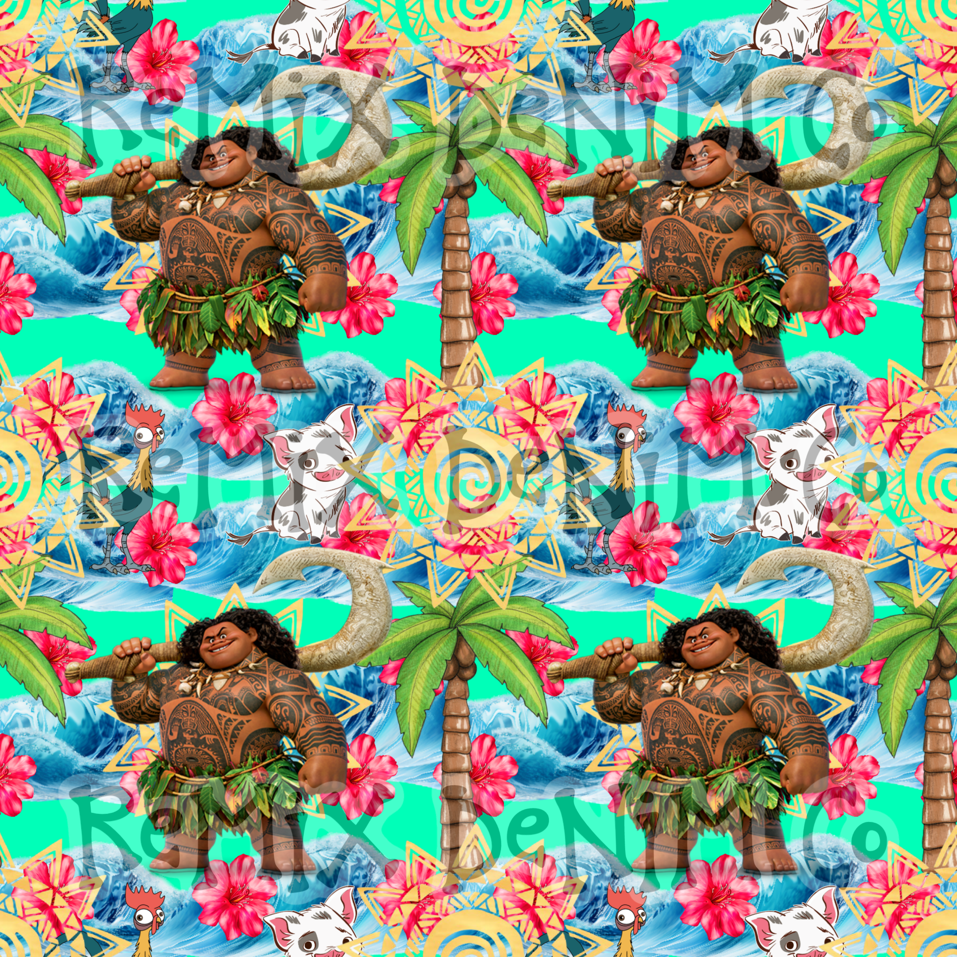 Hawaiian Polynesian Princess Maui Oceania Ocean Waves Pua Heihei bright (Seamless Digital File)