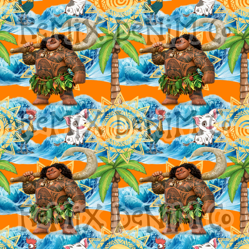 Hawaiian Polynesian Princess Maui Oceania Ocean Waves Pua Heihei bright (Seamless Digital File)