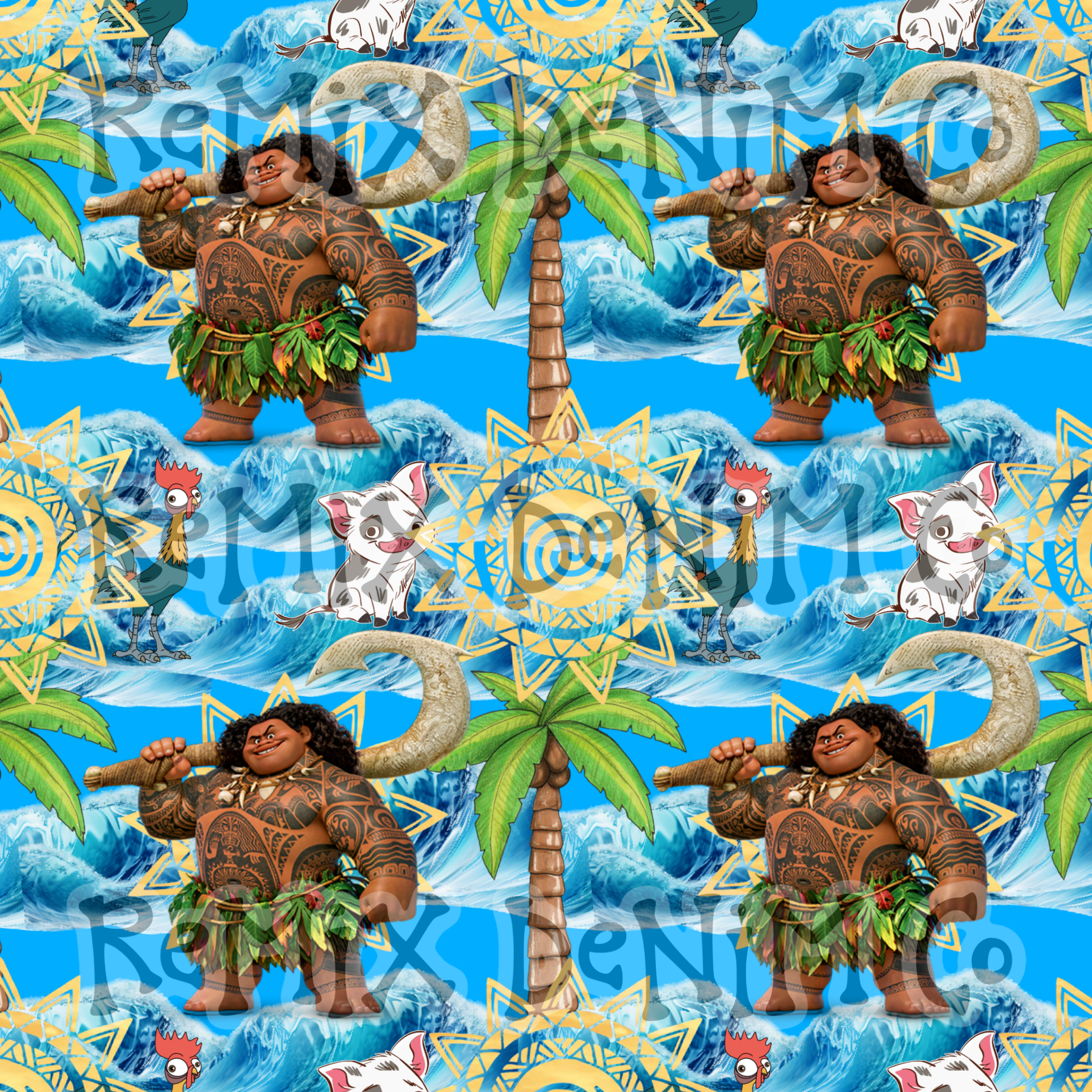 Hawaiian Polynesian Princess Maui Oceania Ocean Waves Pua Heihei bright (Seamless Digital File)