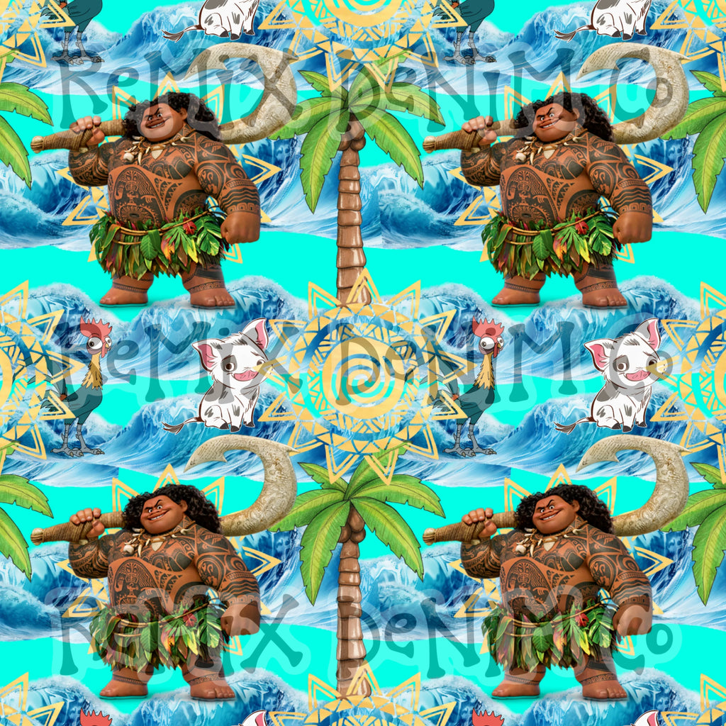 Hawaiian Polynesian Princess Maui Oceania Ocean Waves Pua Heihei bright (Seamless Digital File)