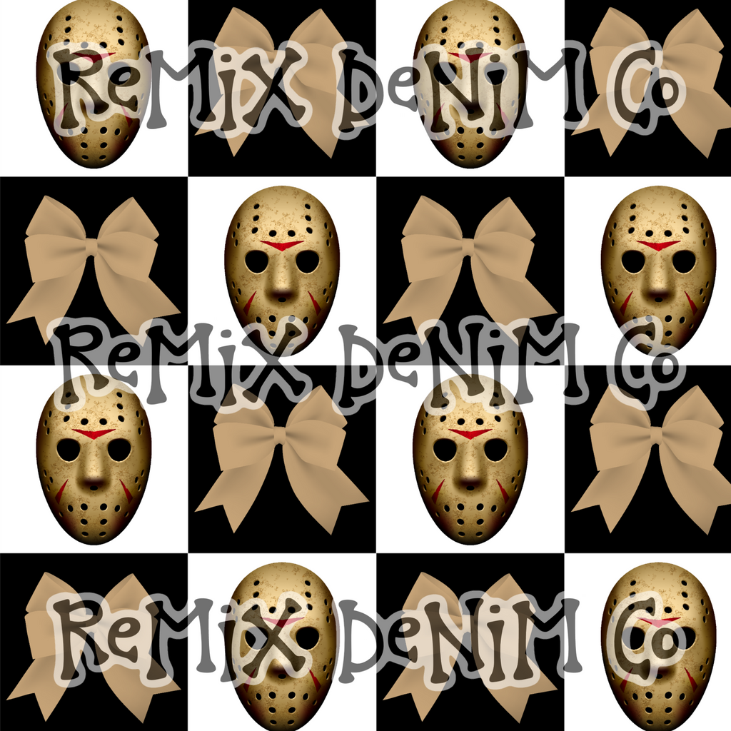 Jason mask Friday the 13th Halloween spooky scary coquette bows girly Checker (Seamless Digital File)