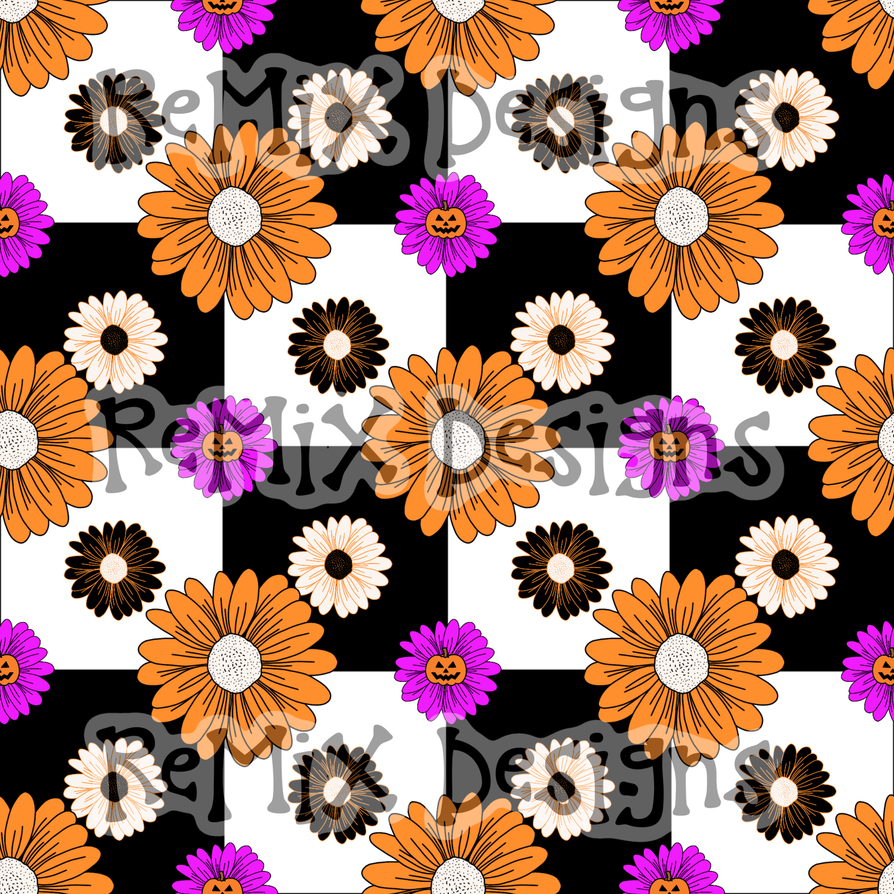 Halloween pumpkin jack-o-lantern daisy floral checker (Seamless Digital File)