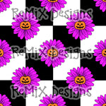 Halloween pumpkin jack-o-lantern daisy floral checker (Seamless Digital File)