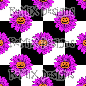 Halloween pumpkin jack-o-lantern daisy floral checker (Seamless Digital File)