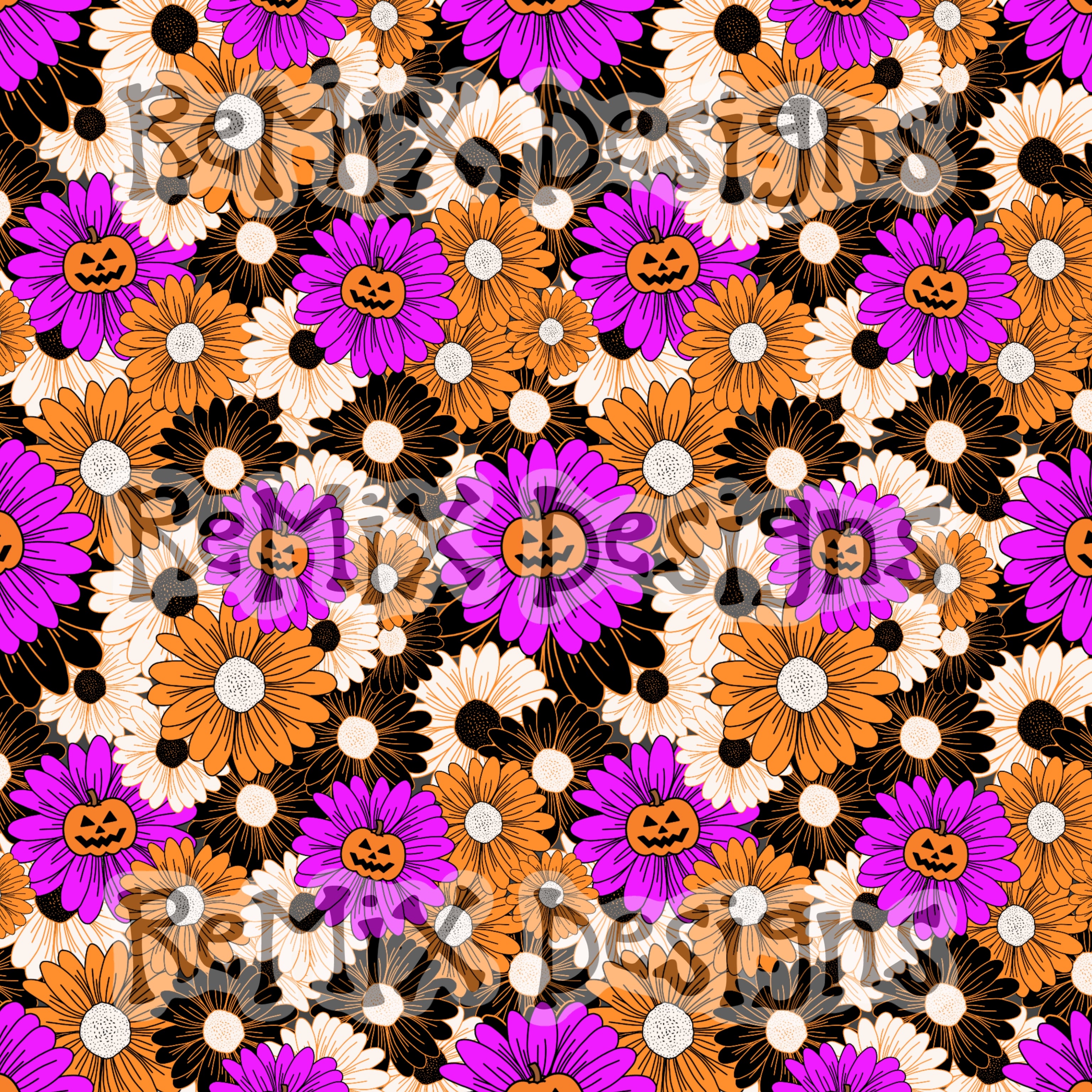 Halloween pumpkin jack-o-lantern daisy floral (Seamless Digital File)