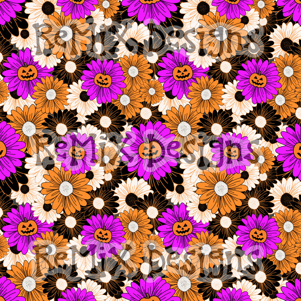 Halloween pumpkin jack-o-lantern daisy floral (Seamless Digital File)