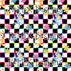 Blue dog and sister heelers rainbow flowers happy vibes checker (Seamless Digital File)