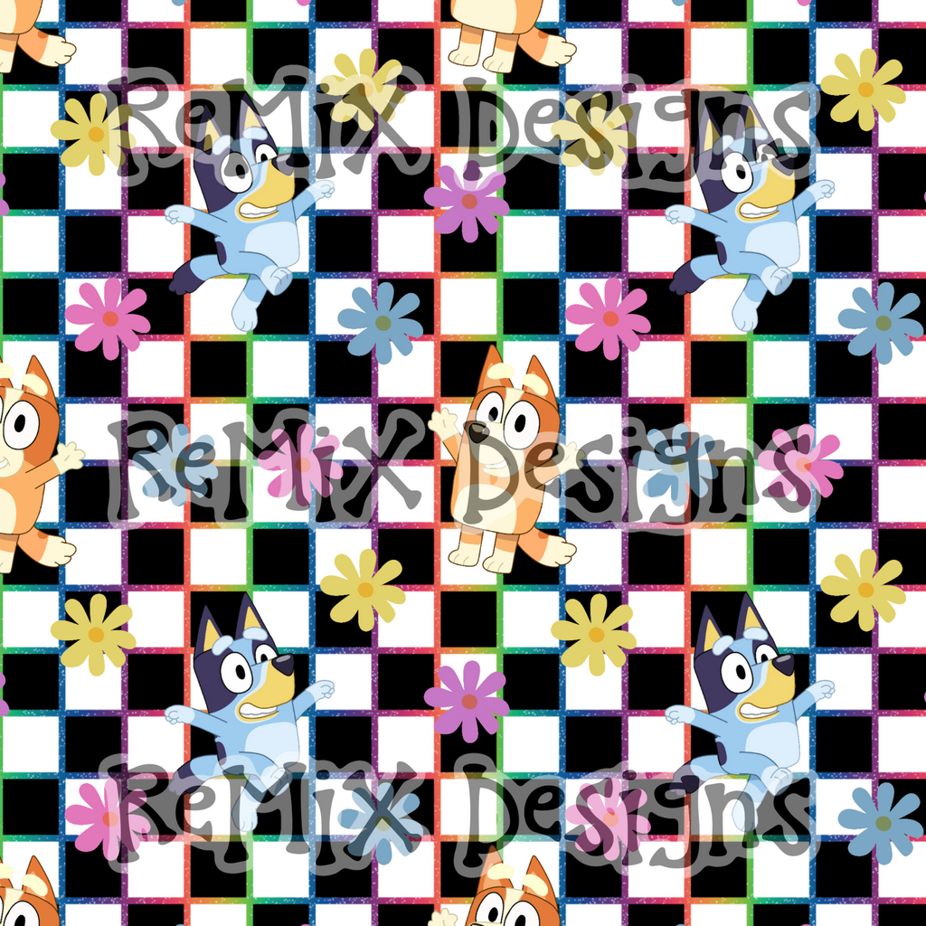 Blue dog and sister heelers rainbow flowers happy vibes checker (Seamless Digital File)