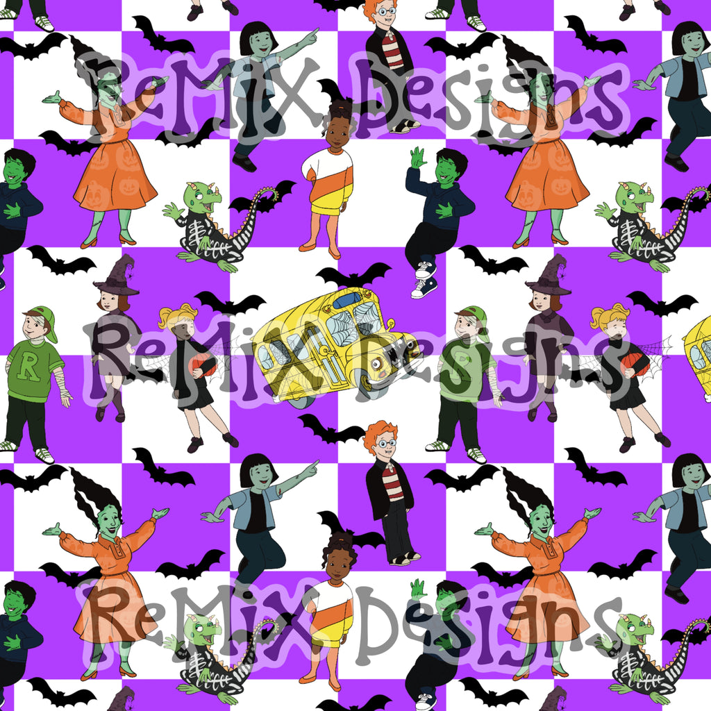 Magic schoolbus, miss frizzle, Halloween, seatbelts everyone (Seamless Digital File)