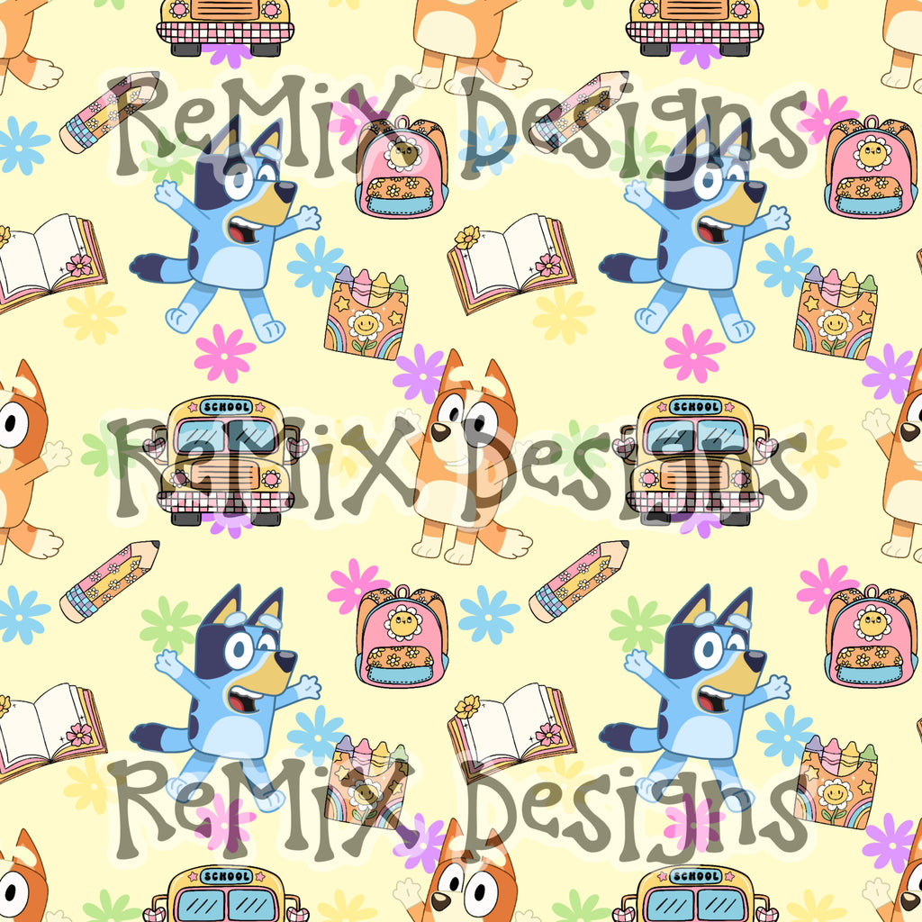 Heelers, Blue dog and sister back to school time, bus, school supplies, flowers floral (Seamless Digital File)