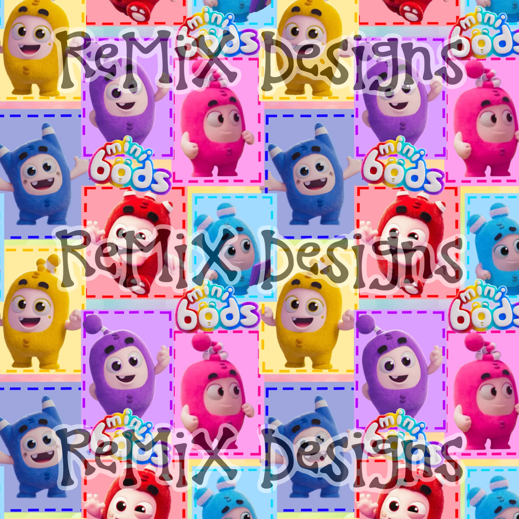 Minibods Oddbods, Land of Odd, Fuse Pogo, Bubbles, Jeff, Lulu, Oddsville Bodpod collage (Seamless Digital File)