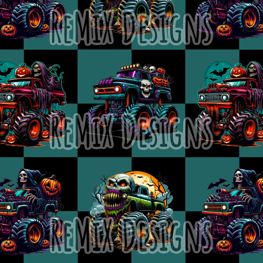 Monster trucks, monster jam, Halloween spooky scary creepers checker (Seamless Digital File)