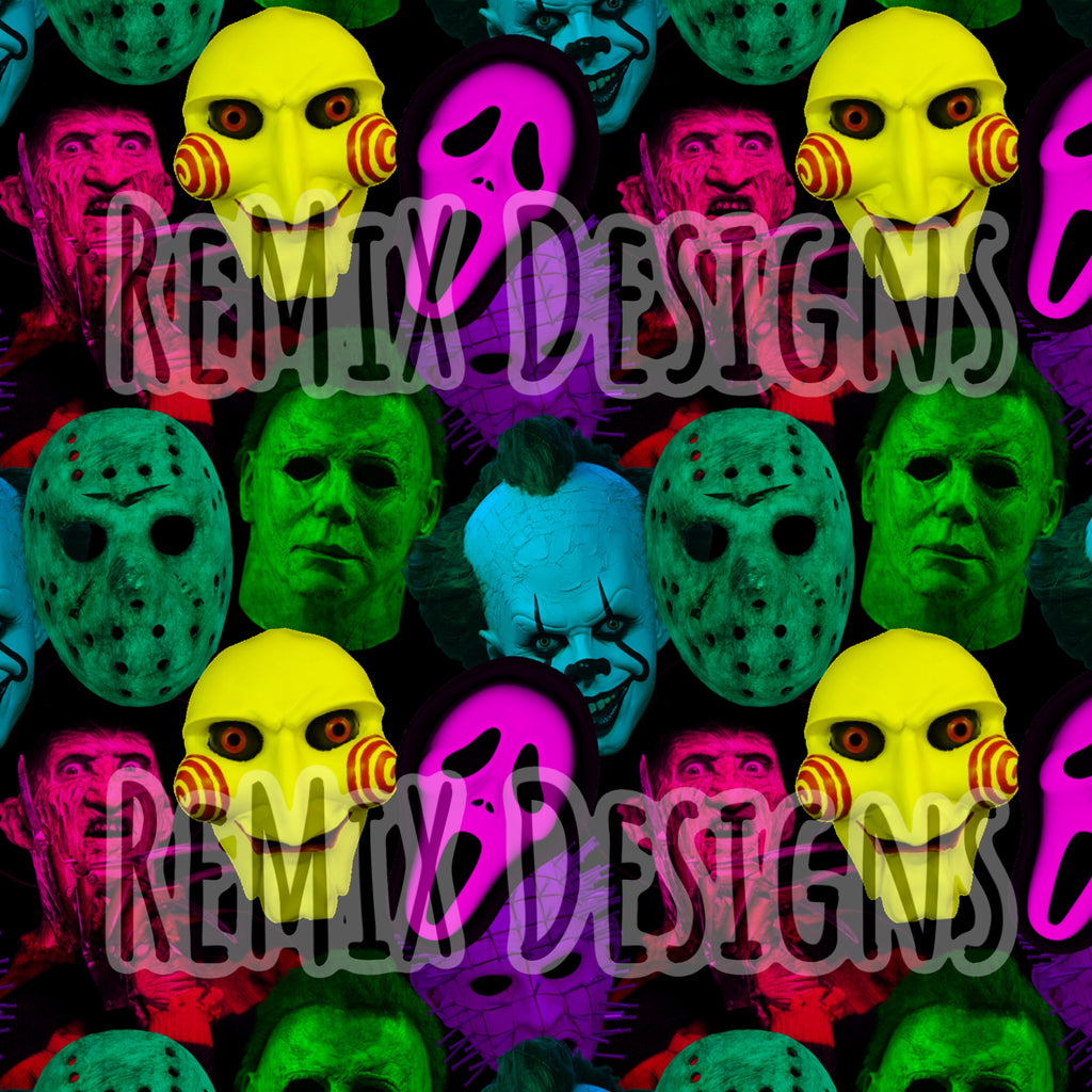 Neon Jigsaw, Freddy, Michael Myers, Jason, Pinhead, Pennywise clown, Ghostface Halloween scary horror (Seamless Digital File)