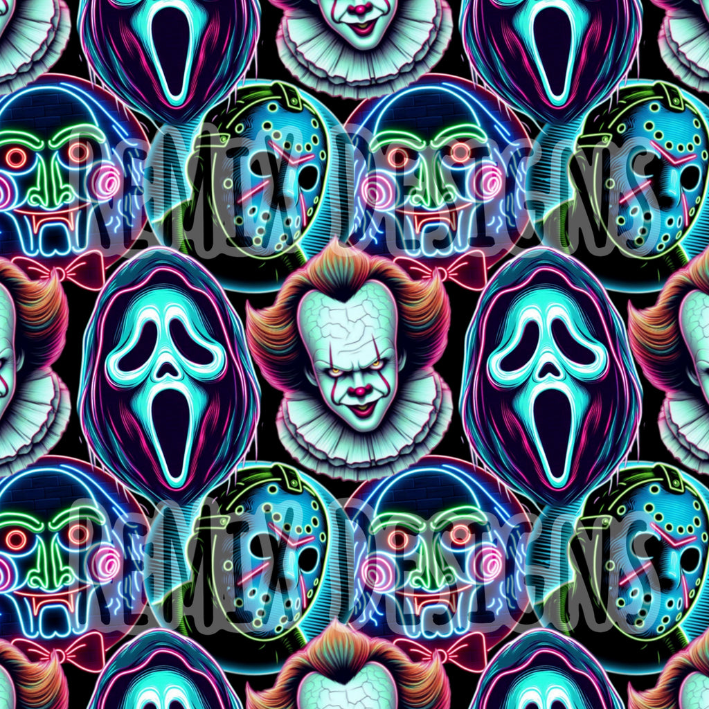 Neon Glow Outlines Jigsaw, Jason, Pennywise clown, Ghostface Halloween scary horror (Seamless Digital File)