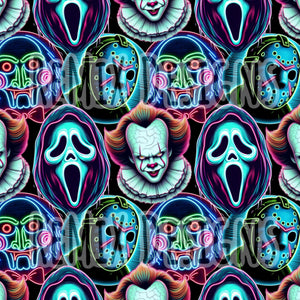 Neon Glow Outlines Jigsaw, Jason, Pennywise clown, Ghostface Halloween scary horror (Seamless Digital File)